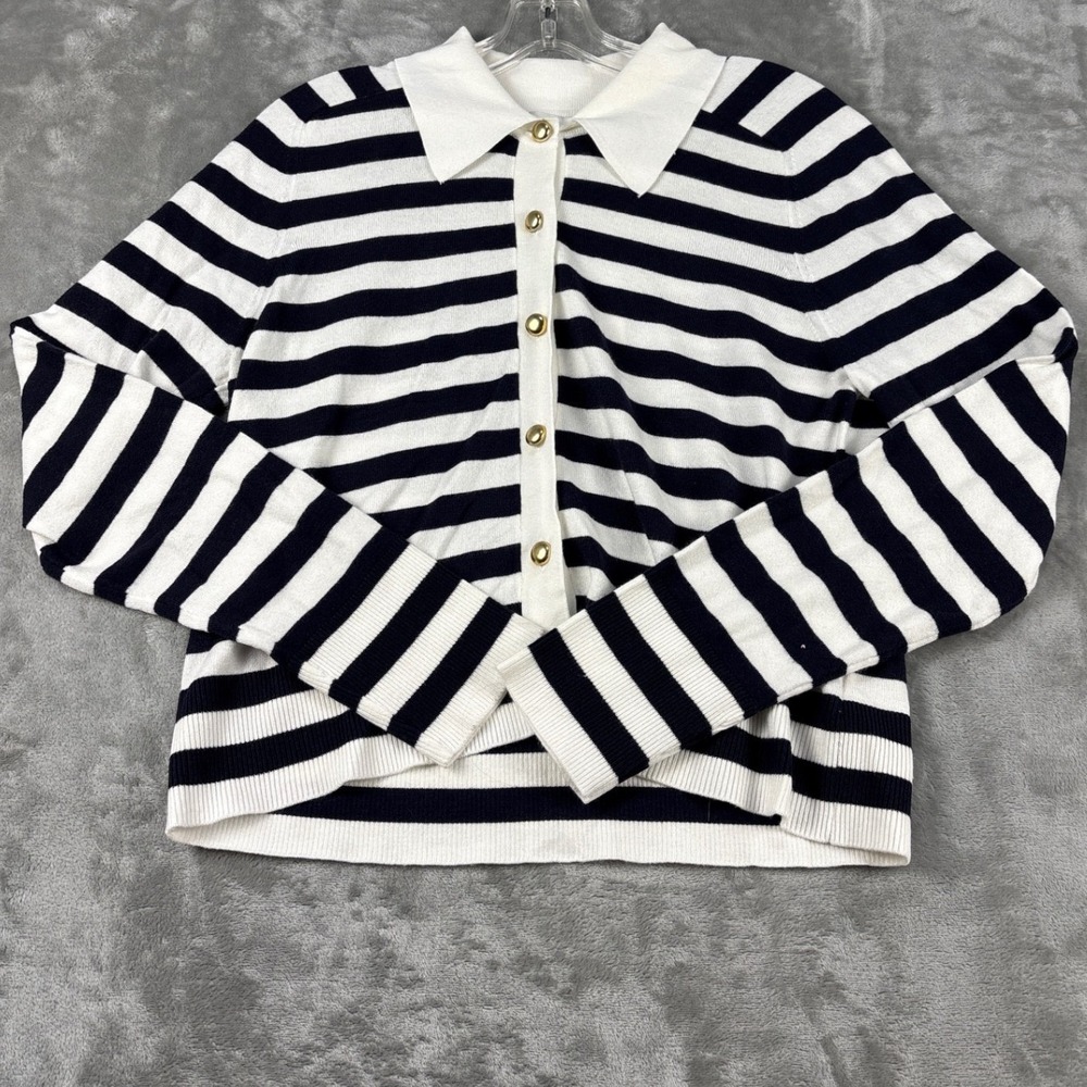 Free Assembly Womens Navy White Striped Polo Cardigan Sweater Size M
